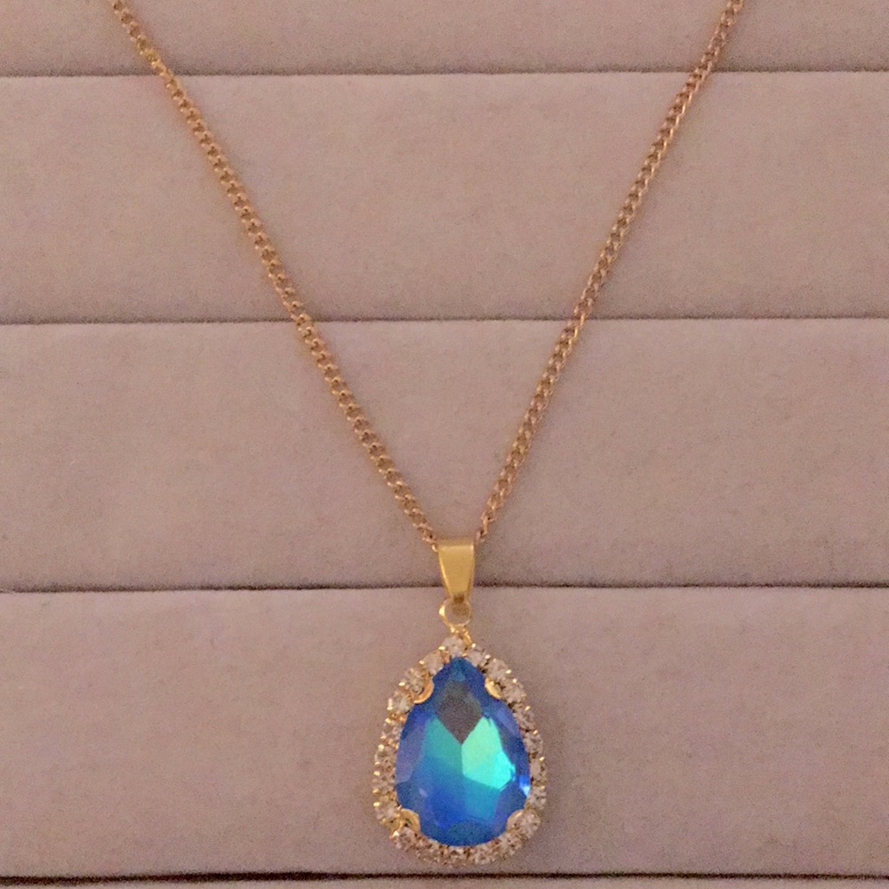 Sapphire Aurora Borealis + Gold Crystal Halo Drop Pendant Necklace - Picture 4 of 7